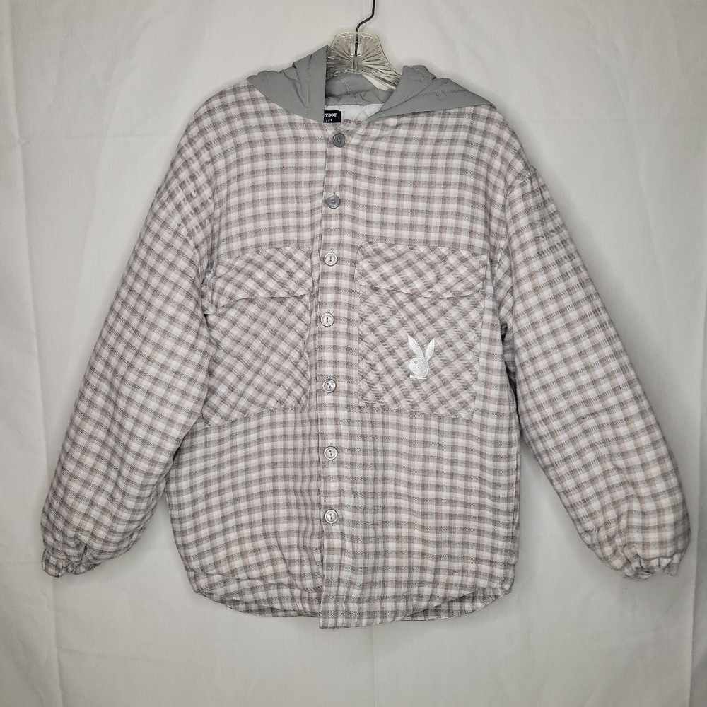 Pacsun PLAYBOY‎ Gray Plaid Button Down Jacket with Hood